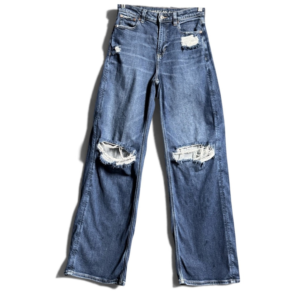 American Eagle Jeans Size 0 Dreamy Drape Stretch Baggy Wide Leg Ripped Blue Y2K
